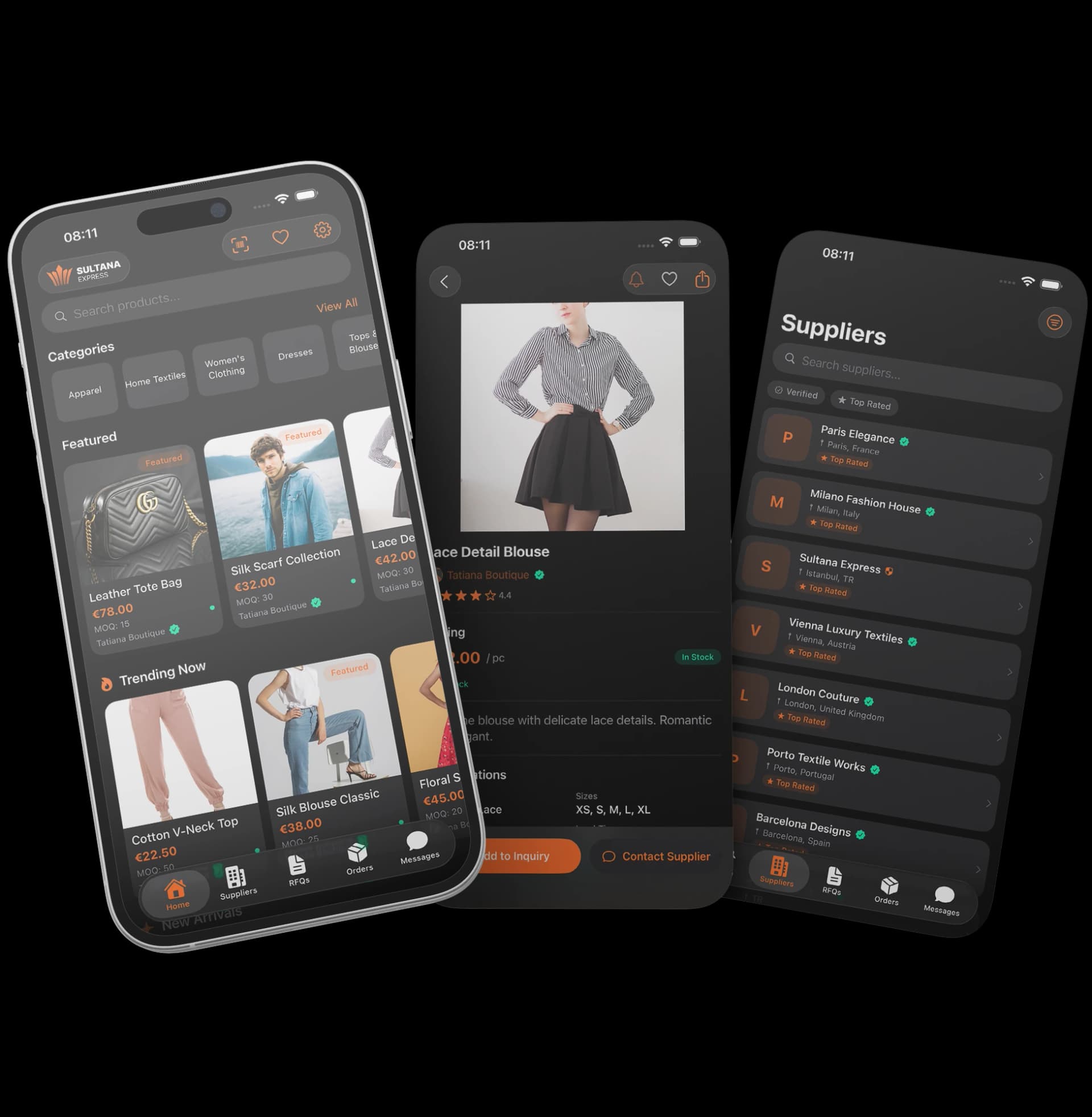 Sultana mobile apps showing categories, product details, and supplier listings
