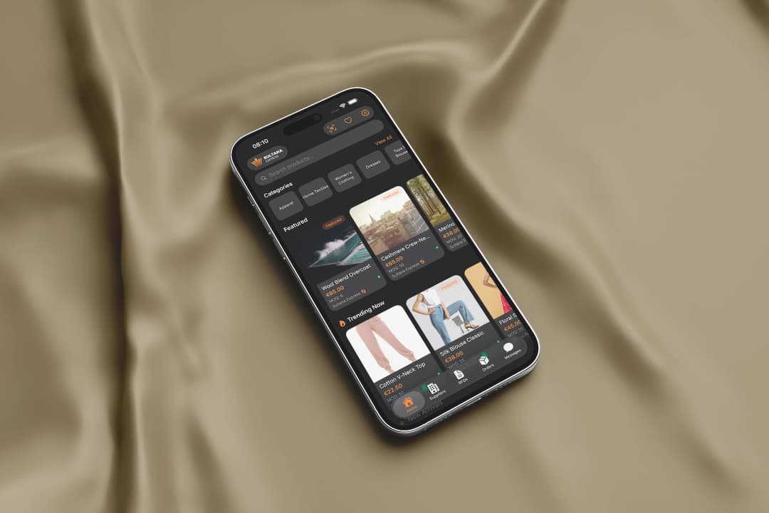 Sultana buyer app on a phone showing product categories and featured items