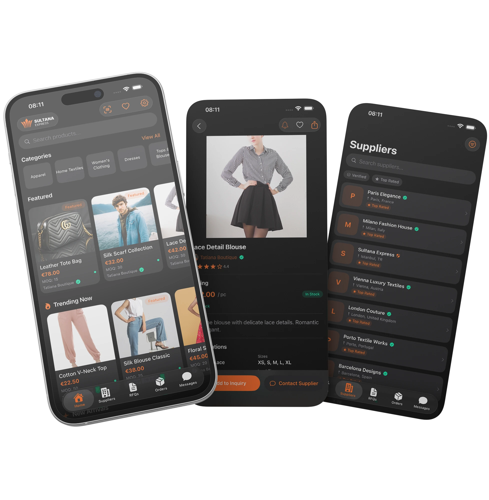 SultanaExpress mobile app — product catalog, product details, and supplier list
